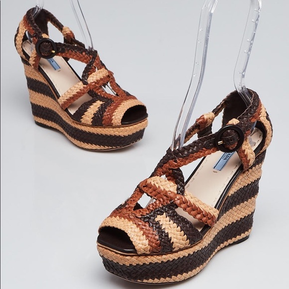 PRADA Brown Woven Leather Peep Toe Wedge Sandals - Picture 1 of 14